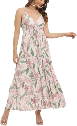 OSTOO Women's Floral Print Maxi Dresses Sleeveless Sleeves Boho Empire Waist Dress