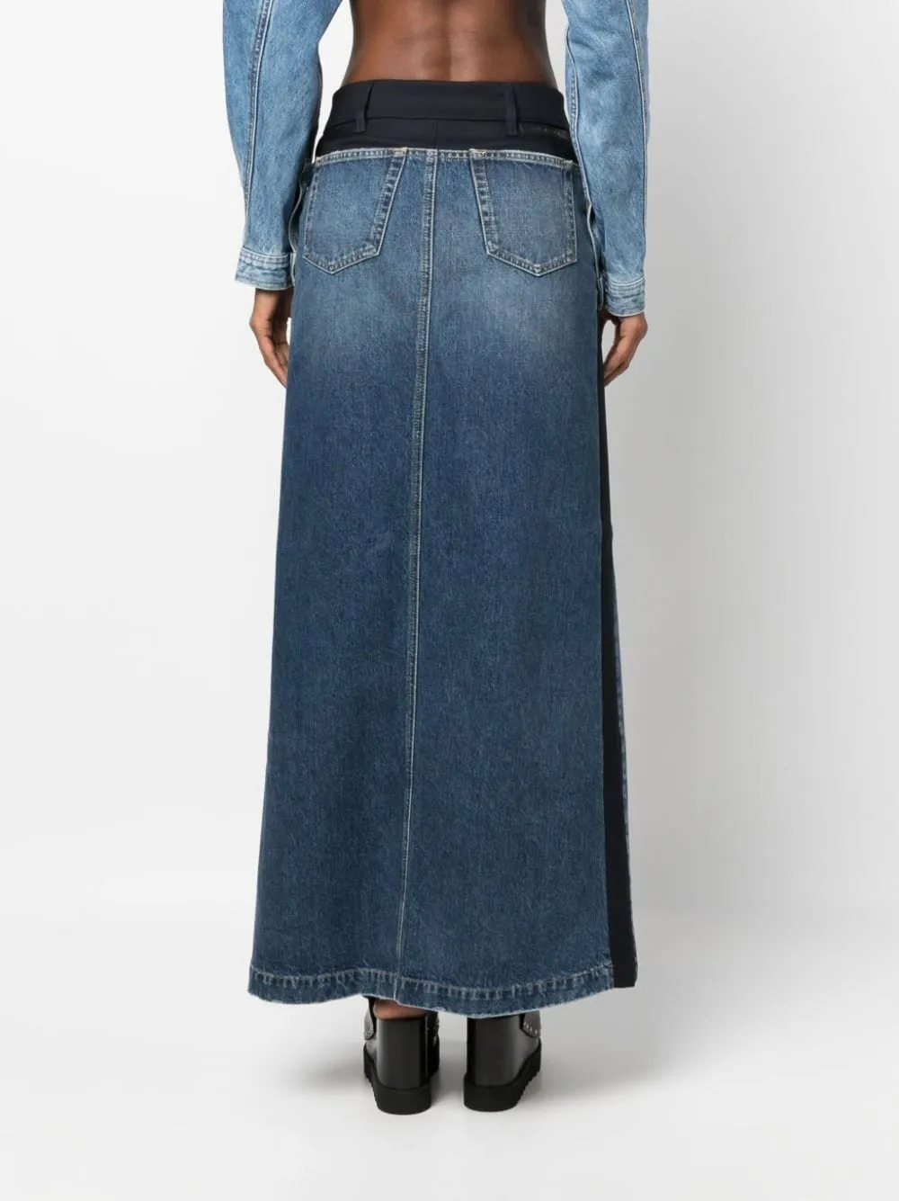 Paneled Blue Denim And Twill Skirt