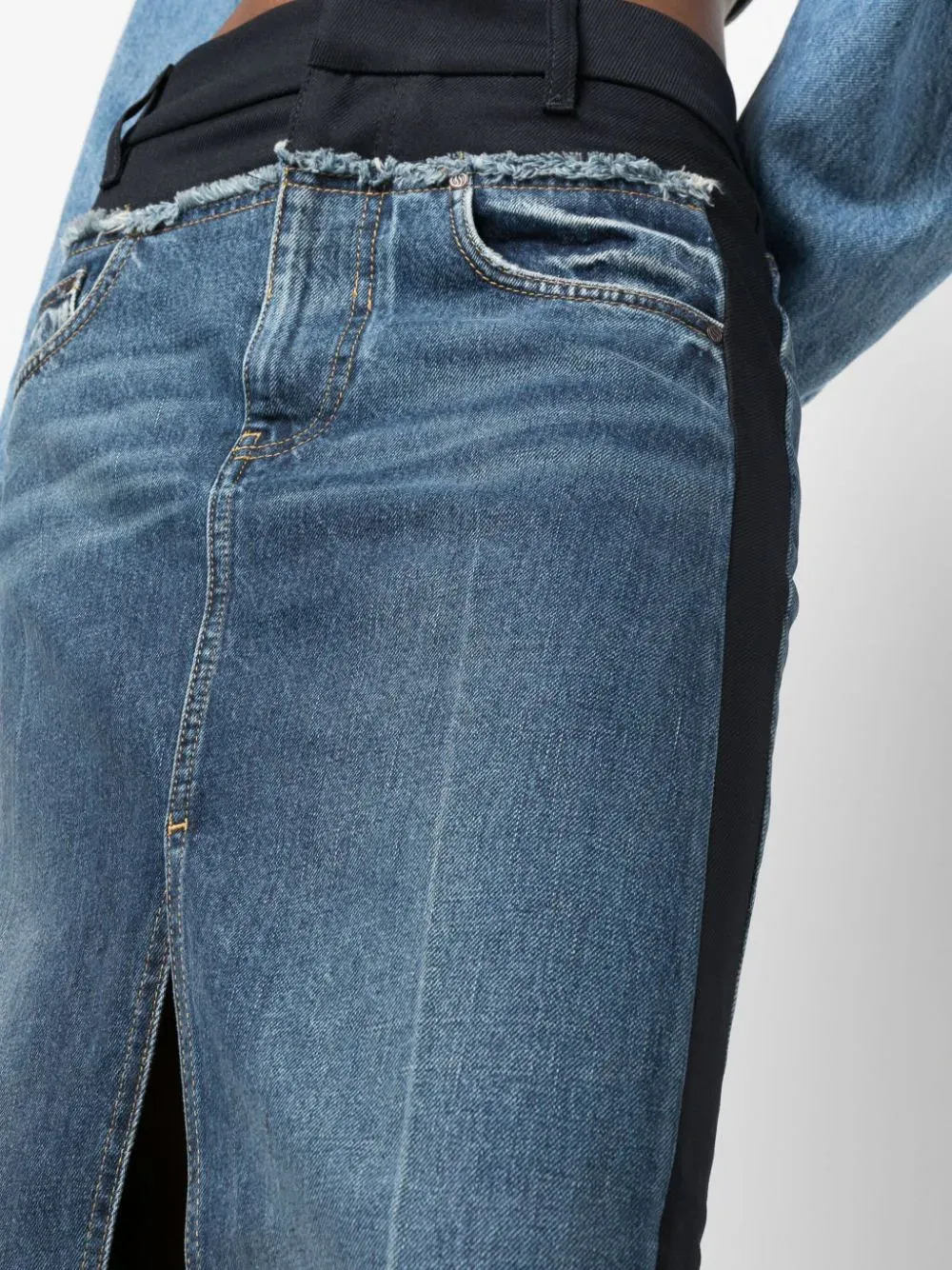 Paneled Blue Denim And Twill Skirt