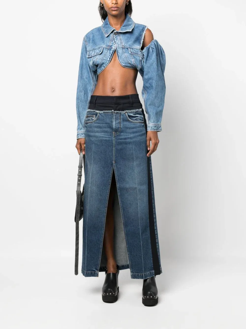Paneled Blue Denim And Twill Skirt
