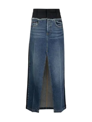 Paneled Blue Denim And Twill Skirt