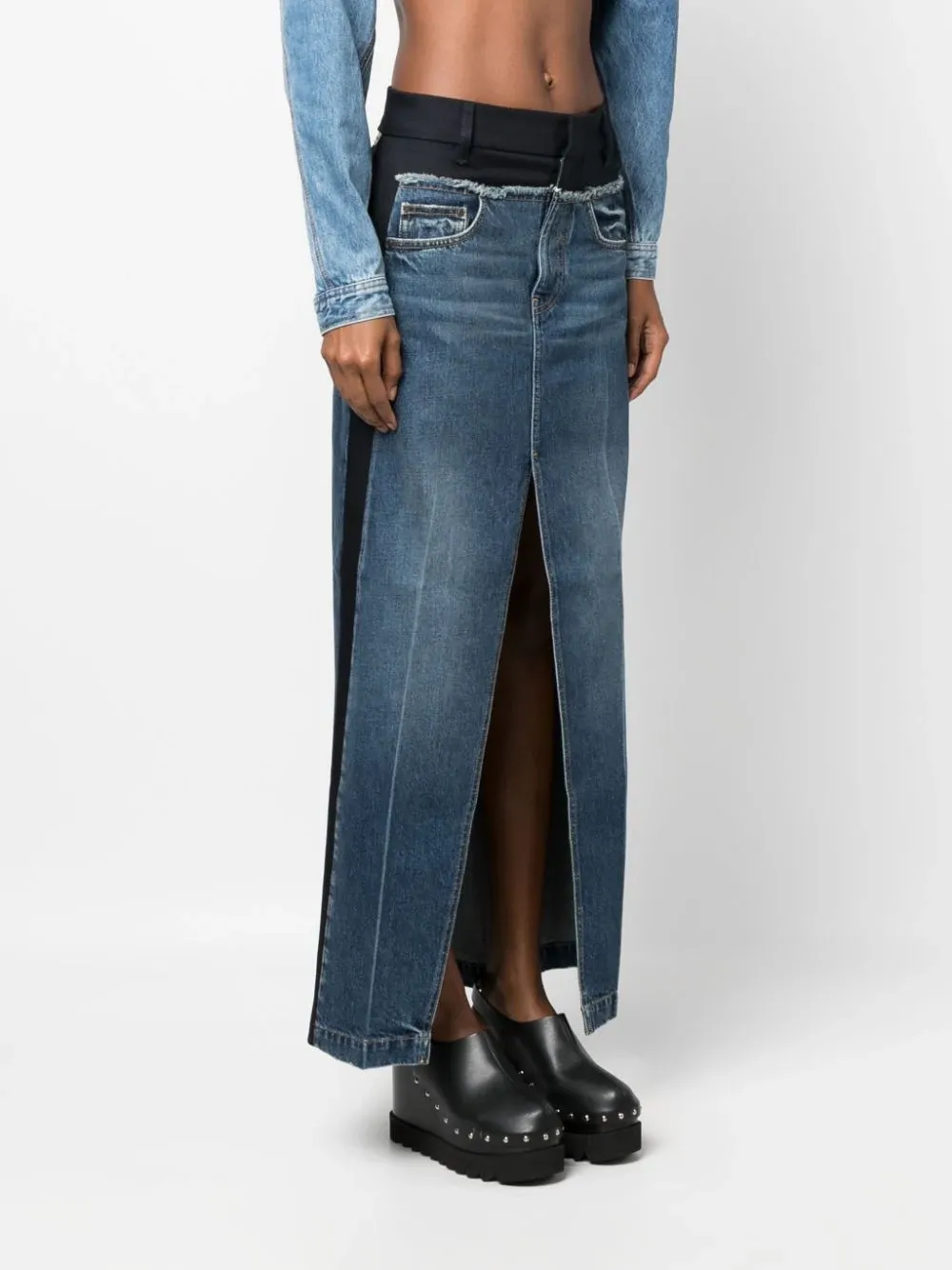 Paneled Blue Denim And Twill Skirt