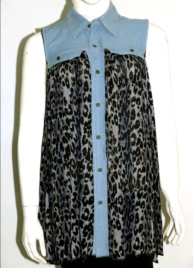 Reworked Ladies Denim Blouse made using Ladies Denim Blouse and Printed Dress, Style # CR042