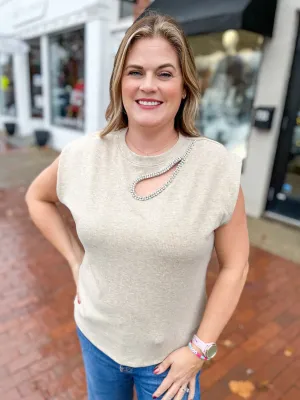 Rhinestone Cutout Cap Sleeve Top
