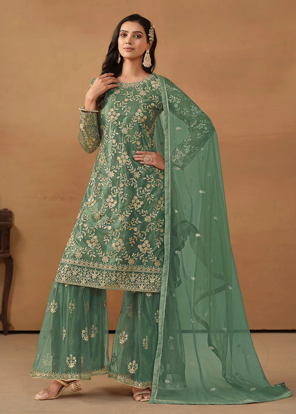 Sea Green Net Embroidered Wedding Festive Gharara Suit