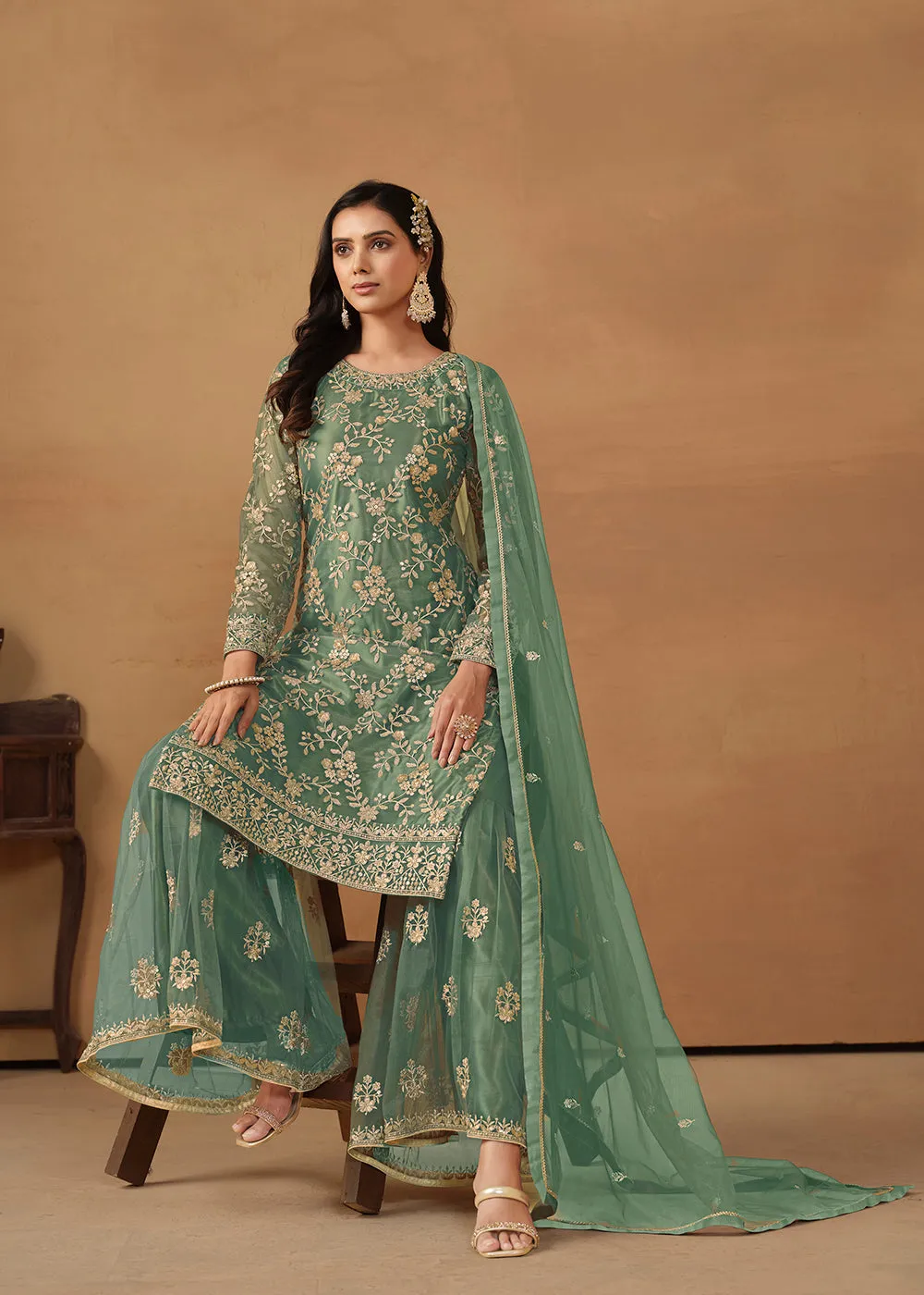 Sea Green Net Embroidered Wedding Festive Gharara Suit
