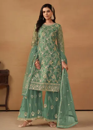Sea Green Net Embroidered Wedding Festive Gharara Suit
