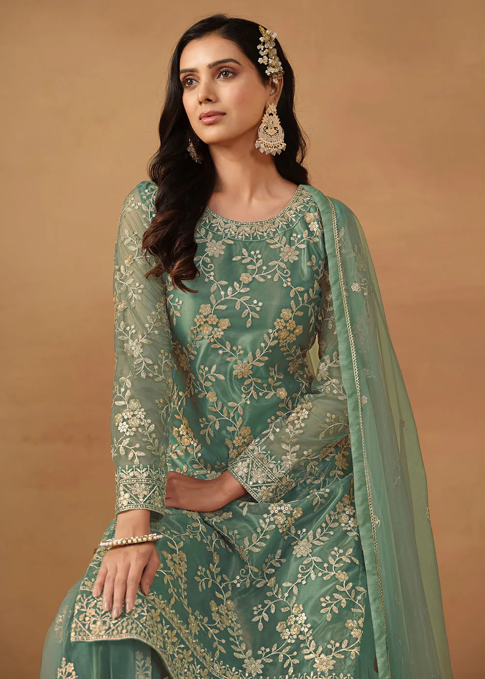 Sea Green Net Embroidered Wedding Festive Gharara Suit