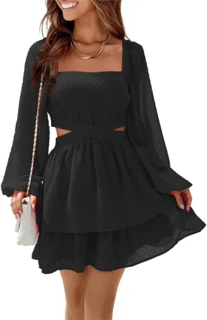 Shy Velvet Women's Long Sleeve Summer Dress Square Neck Crossover Waist Casual Party Mini Dress