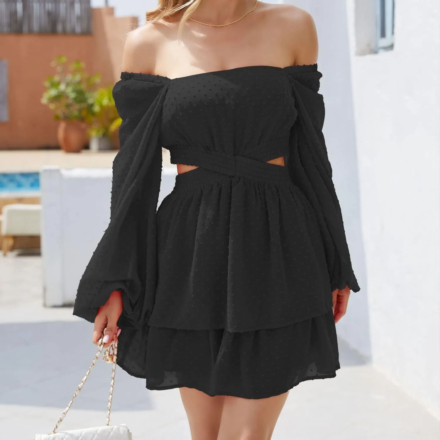Shy Velvet Women's Long Sleeve Summer Dress Square Neck Crossover Waist Casual Party Mini Dress