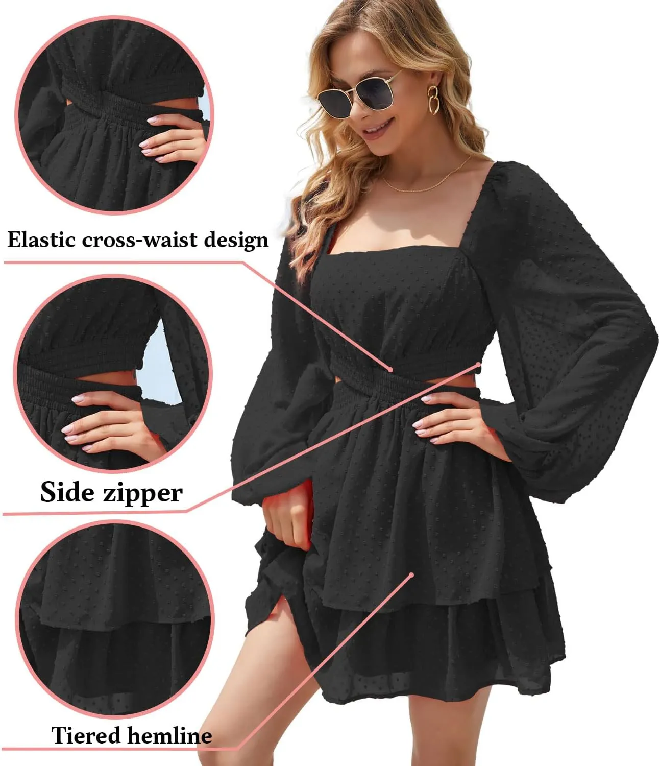 Shy Velvet Women's Long Sleeve Summer Dress Square Neck Crossover Waist Casual Party Mini Dress