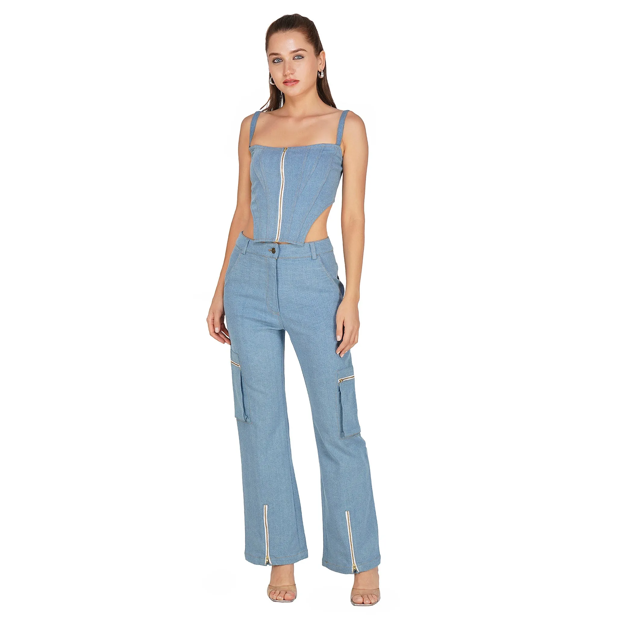 SLAY. Women's Light Blue Enzyme Wash Denim Cargo Jeans (Stretch Fabric)