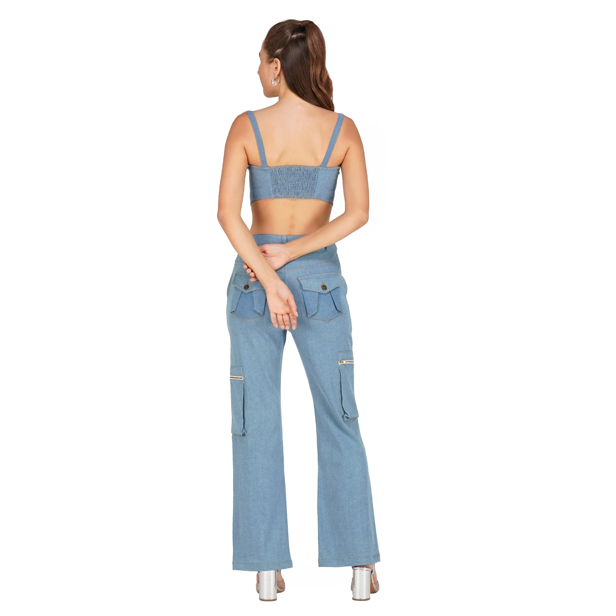 SLAY. Women's Light Blue Enzyme Wash Denim Cargo Jeans (Stretch Fabric)