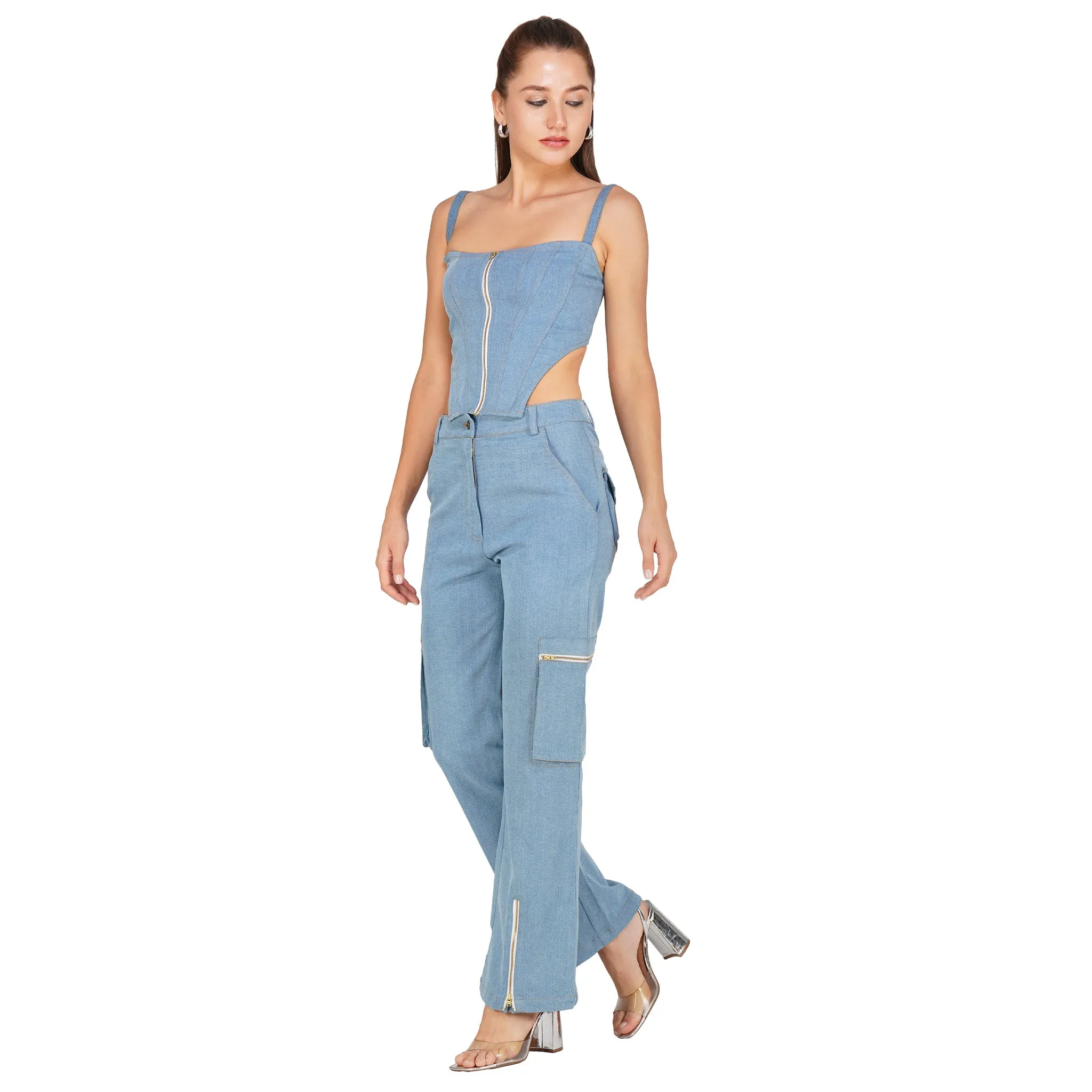 SLAY. Women's Light Blue Enzyme Wash Denim Cargo Jeans (Stretch Fabric)