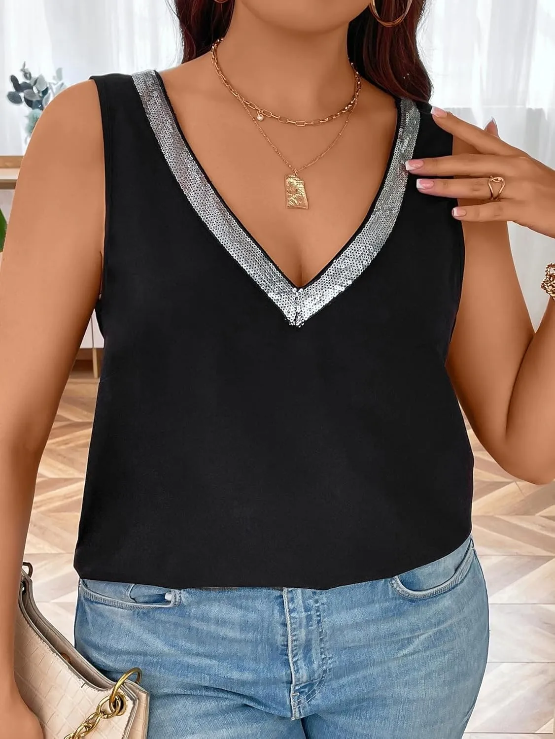 SweatyRocks Women's Plus Size Glitter Sequin V Neck Tank Top Sparkle Color Block Sleeveless Cami Top