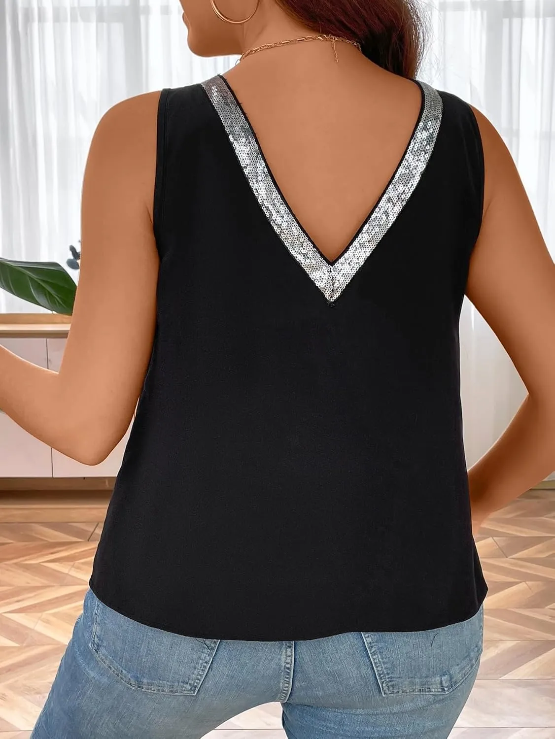 SweatyRocks Women's Plus Size Glitter Sequin V Neck Tank Top Sparkle Color Block Sleeveless Cami Top