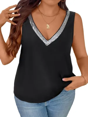 SweatyRocks Women's Plus Size Glitter Sequin V Neck Tank Top Sparkle Color Block Sleeveless Cami Top