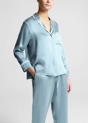 Sydney Cropped Pyjama Shirt Dust Blue Ribbon Pipped Silk