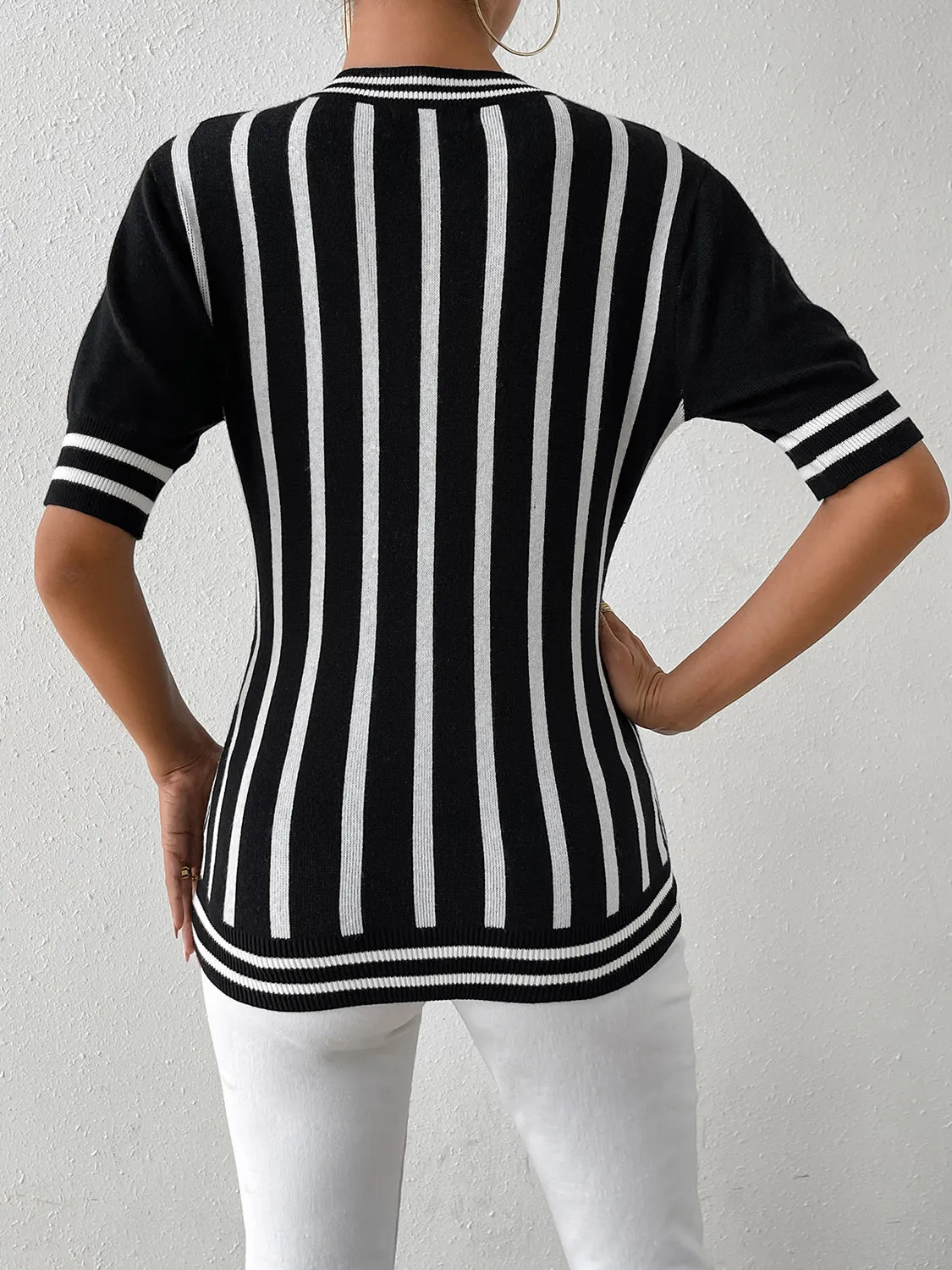 TEEK - Black Striped Half Sleeve Knit Top