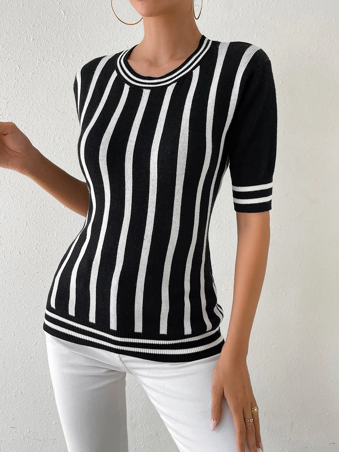 TEEK - Black Striped Half Sleeve Knit Top