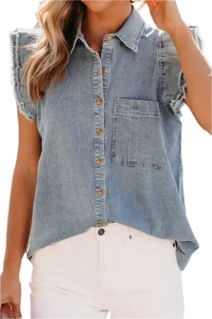 TEEK - Raw Hem Button Up Cap Sleeve Denim Top