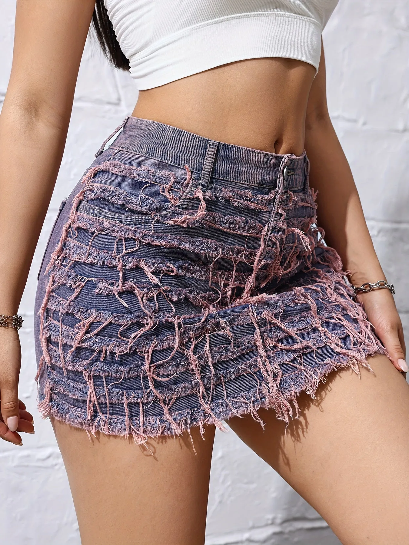 Trendy Purple Raw Trim Distressed Bodycon Mini Denim Skirt - Women's Streetwear Clothing - High-Waisted, Stretchy, Ripped, Faded, and Fashionable Denim Jeans Skirt for Women