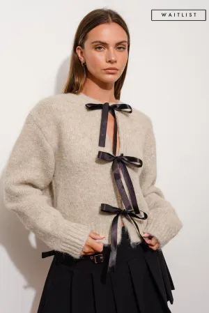 Waitlist 1/20 ♥ Lara Long Sleeve Satin Bow Tie Knit Cardigan Taupe