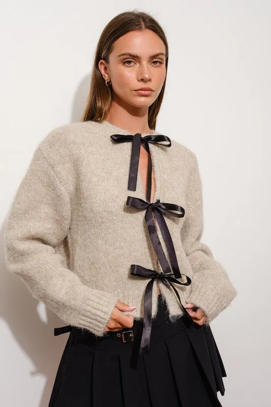 Waitlist 1/20 ♥ Lara Long Sleeve Satin Bow Tie Knit Cardigan Taupe
