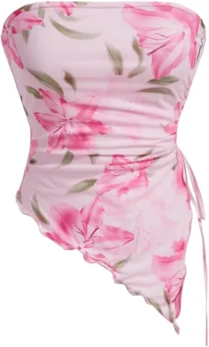 WDIRARA Women's Floral Mesh Strapless Side Ruched Tube Top Asymmetrical Hem Bandeau Crop Tops