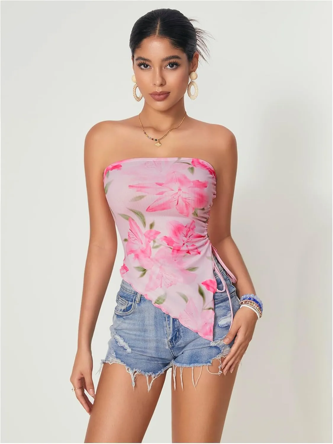 WDIRARA Women's Floral Mesh Strapless Side Ruched Tube Top Asymmetrical Hem Bandeau Crop Tops