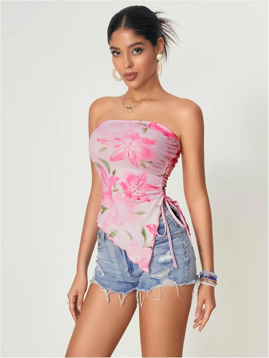 WDIRARA Women's Floral Mesh Strapless Side Ruched Tube Top Asymmetrical Hem Bandeau Crop Tops
