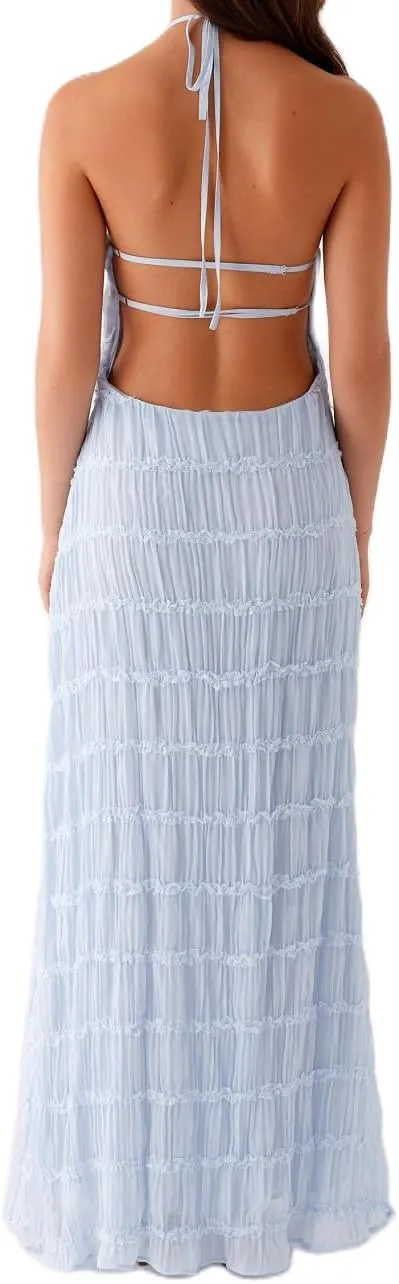 Women Backless Maxi Beach Dress Spaghetti Strap Halter Smocked Long Dress Flowy Vacation Sundress