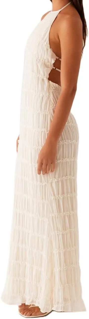 Women Backless Maxi Beach Dress Spaghetti Strap Halter Smocked Long Dress Flowy Vacation Sundress