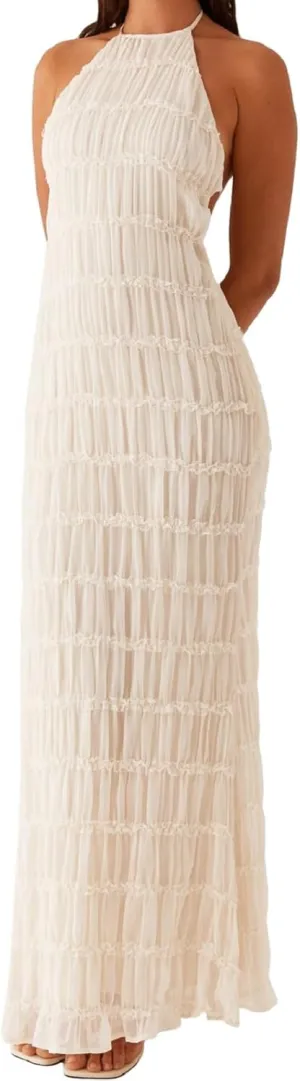 Women Backless Maxi Beach Dress Spaghetti Strap Halter Smocked Long Dress Flowy Vacation Sundress