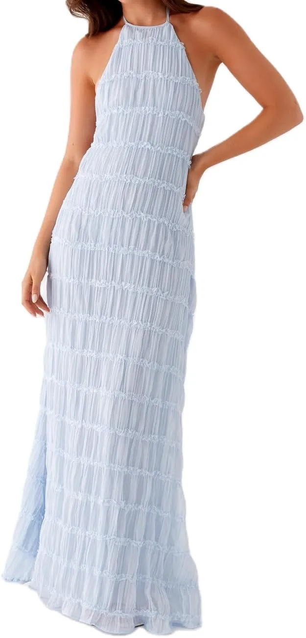 Women Backless Maxi Beach Dress Spaghetti Strap Halter Smocked Long Dress Flowy Vacation Sundress