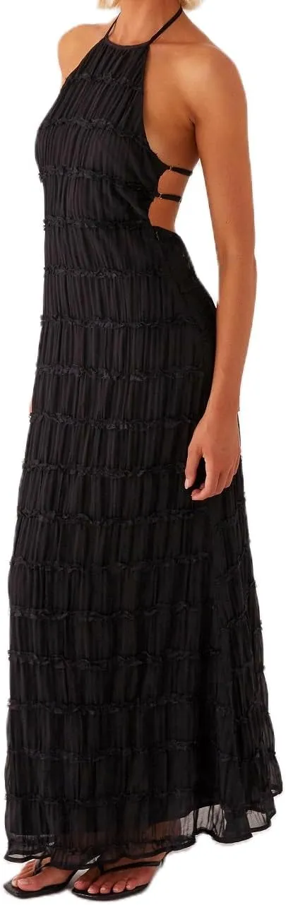 Women Backless Maxi Beach Dress Spaghetti Strap Halter Smocked Long Dress Flowy Vacation Sundress