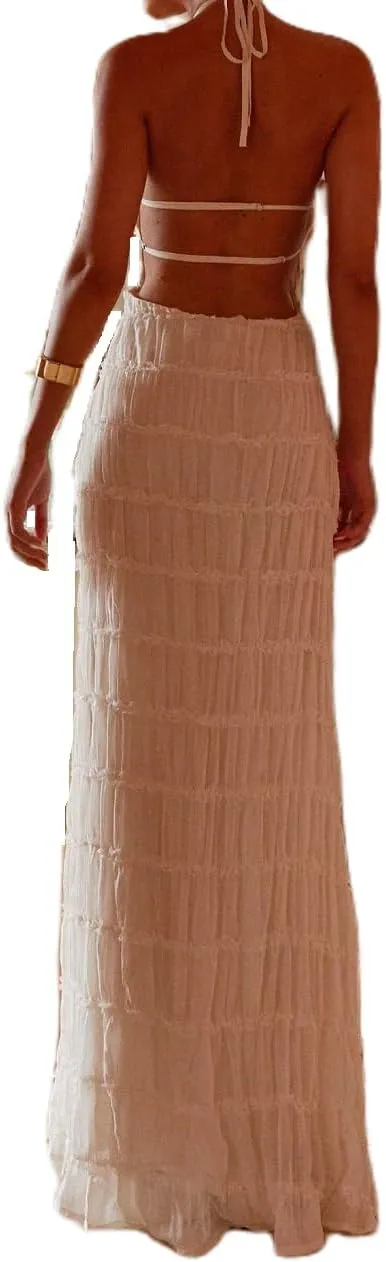 Women Backless Maxi Beach Dress Spaghetti Strap Halter Smocked Long Dress Flowy Vacation Sundress