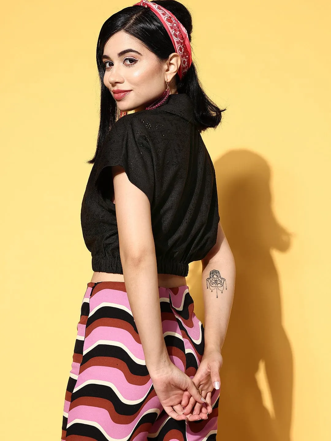 Women Black Schiffli Kimono Sleeves Crop Top