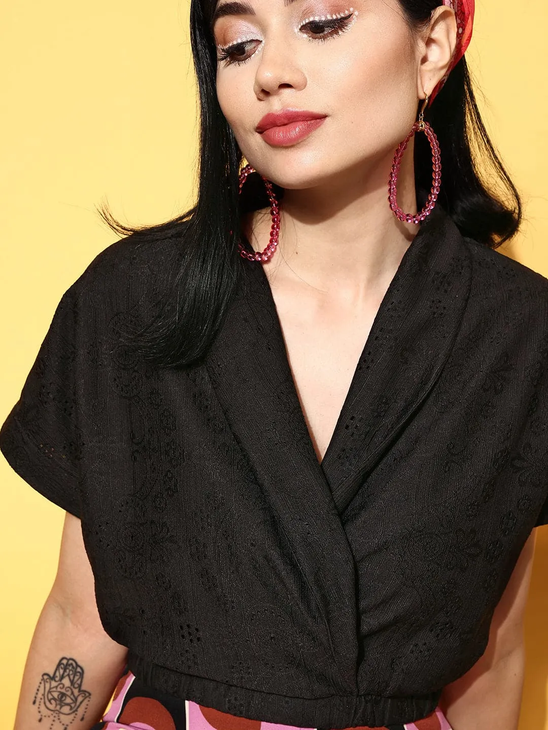 Women Black Schiffli Kimono Sleeves Crop Top