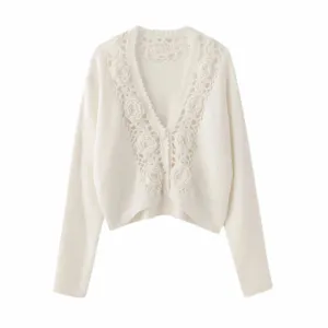 Women Crochet Hollow Out Sweater Single Breasted Temperament Wool Blend Long Sleeve Female Cardigan  C-146