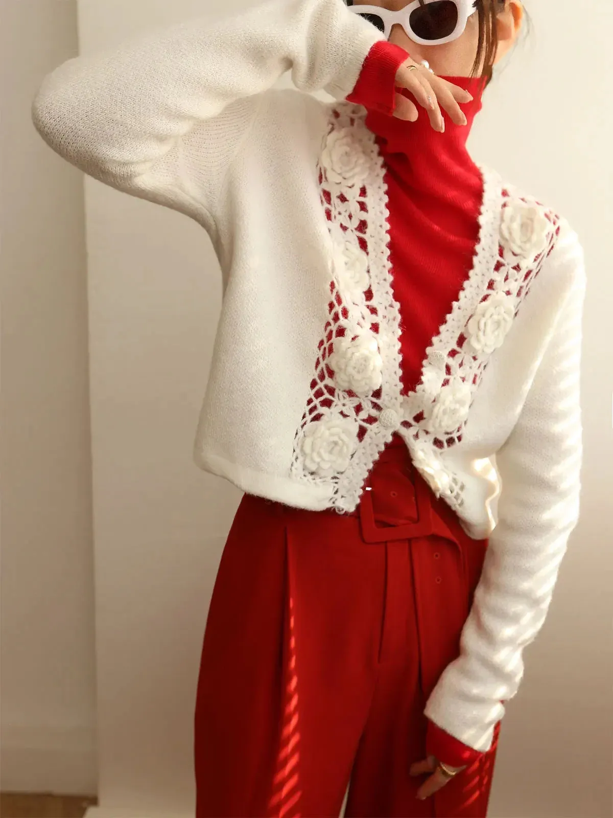 Women Crochet Hollow Out Sweater Single Breasted Temperament Wool Blend Long Sleeve Female Cardigan  C-146