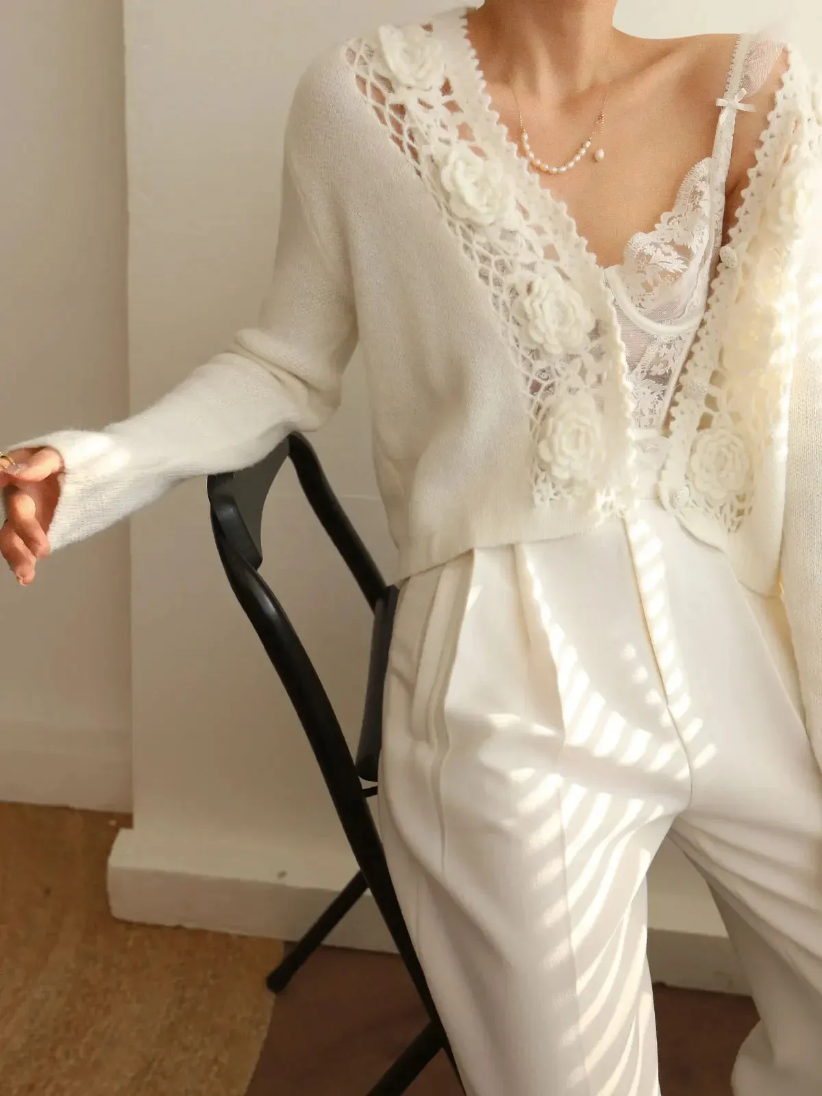 Women Crochet Hollow Out Sweater Single Breasted Temperament Wool Blend Long Sleeve Female Cardigan  C-146