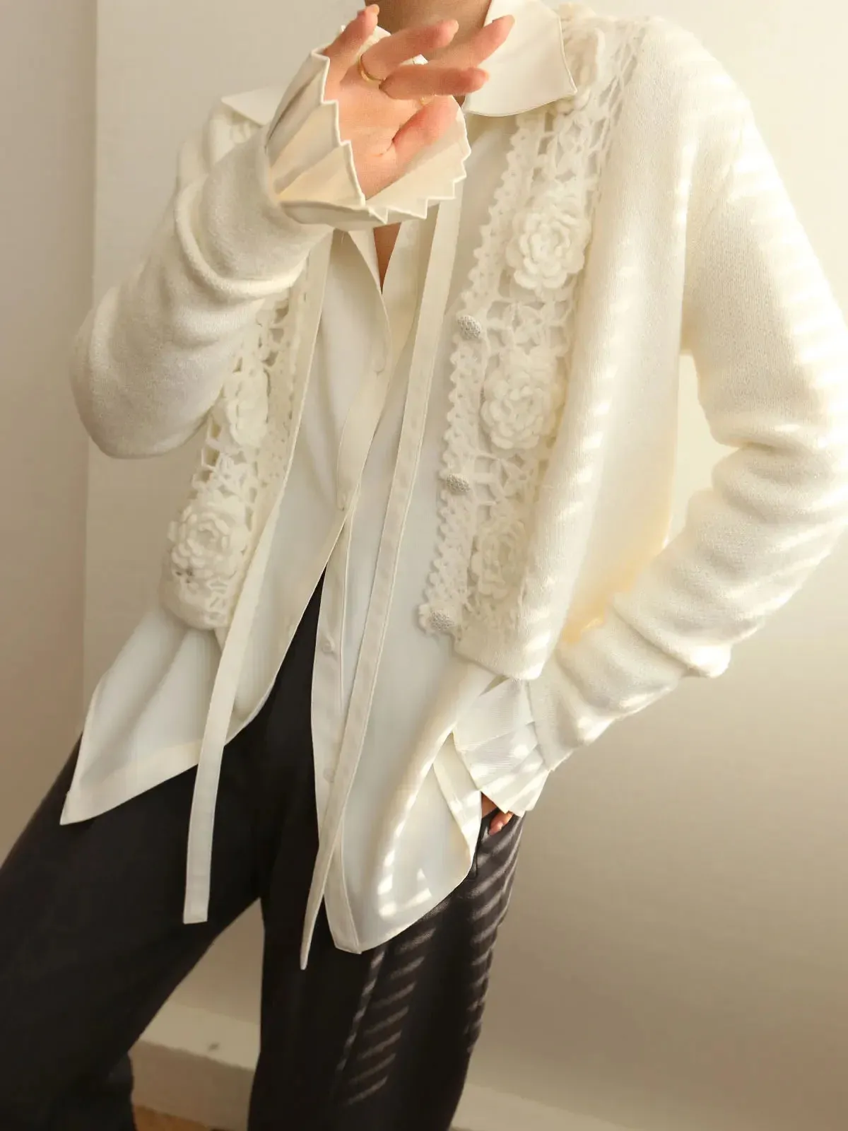 Women Crochet Hollow Out Sweater Single Breasted Temperament Wool Blend Long Sleeve Female Cardigan  C-146