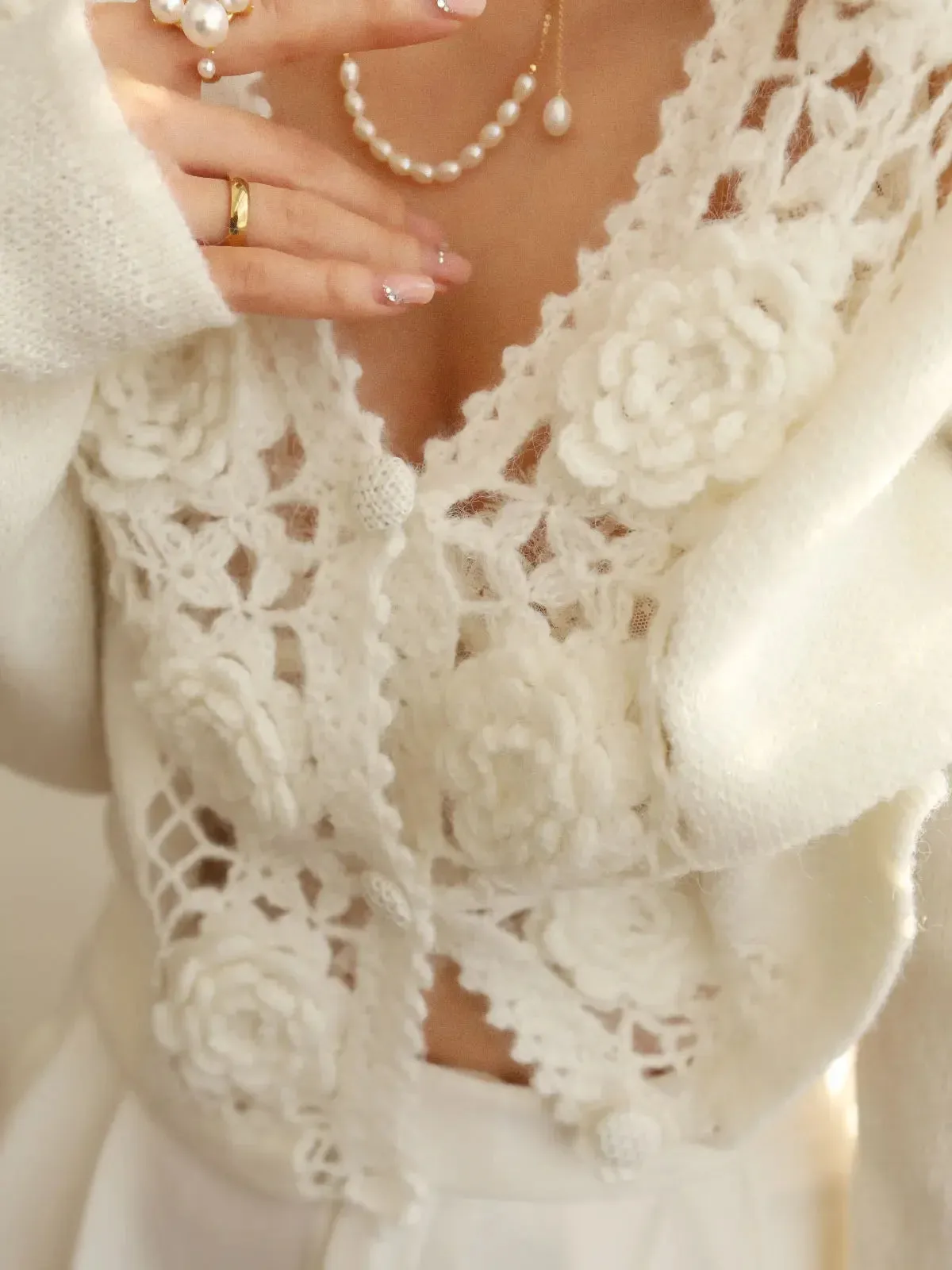 Women Crochet Hollow Out Sweater Single Breasted Temperament Wool Blend Long Sleeve Female Cardigan  C-146