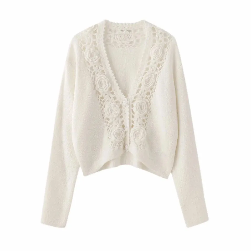 Women Crochet Hollow Out Sweater Single Breasted Temperament Wool Blend Long Sleeve Female Cardigan  C-146