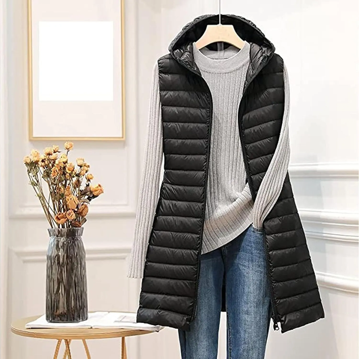 Women Lightweight Puffer Vest Packable Long Winter Coat Zip Up Quilted Jackets Hooded Sleeveless Plus Size Warm Vest