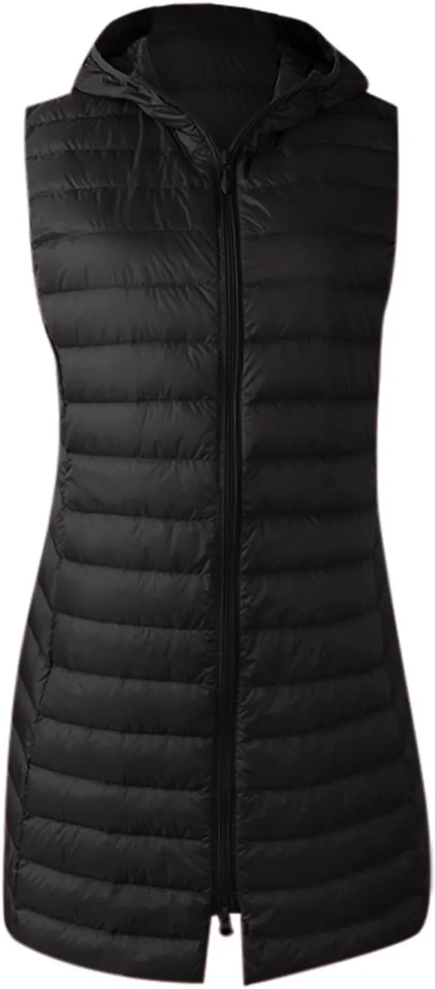 Women Lightweight Puffer Vest Packable Long Winter Coat Zip Up Quilted Jackets Hooded Sleeveless Plus Size Warm Vest