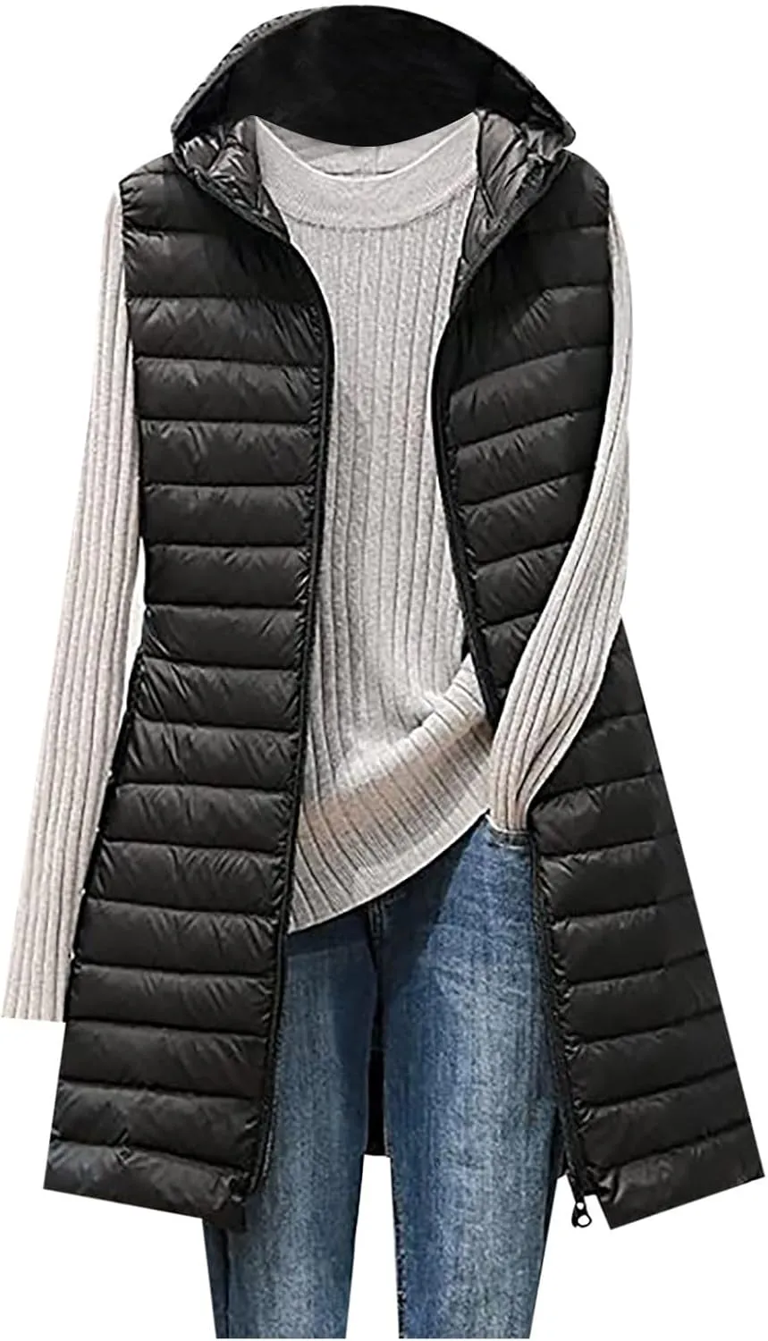 Women Lightweight Puffer Vest Packable Long Winter Coat Zip Up Quilted Jackets Hooded Sleeveless Plus Size Warm Vest