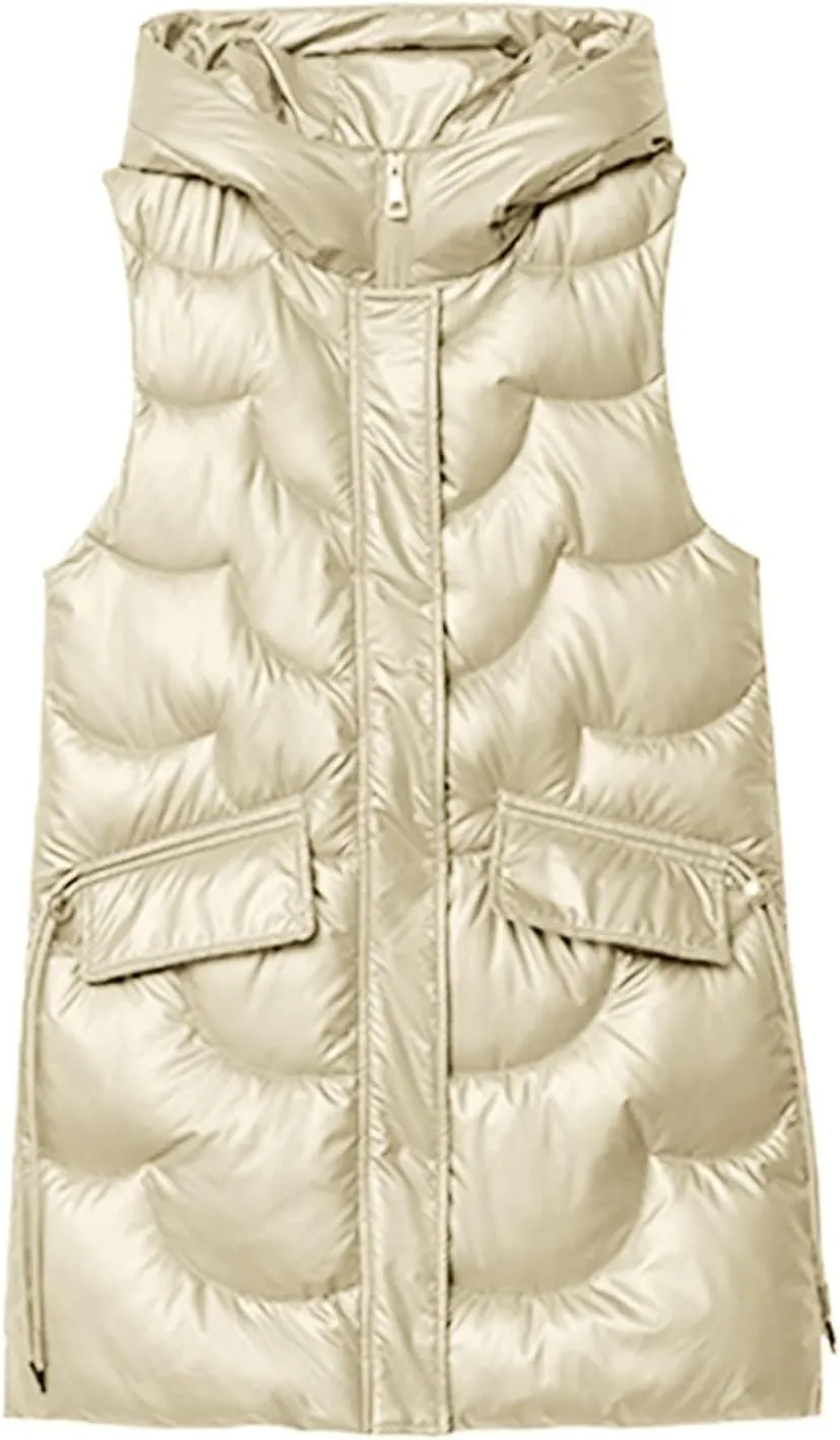 Women Lightweight Puffer Vest Packable Long Winter Coat Zip Up Quilted Jackets Hooded Sleeveless Plus Size Warm Vest