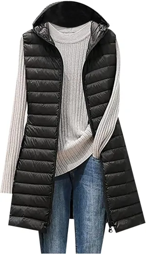 Women Lightweight Puffer Vest Packable Long Winter Coat Zip Up Quilted Jackets Hooded Sleeveless Plus Size Warm Vest